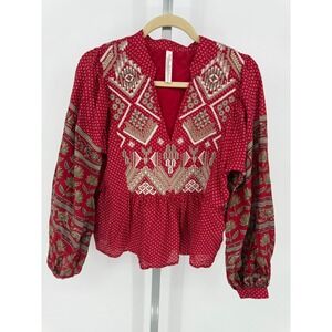 Anthropologie Embroidered Peasant Blouse Red Floral Print Long Sleeve Women 8